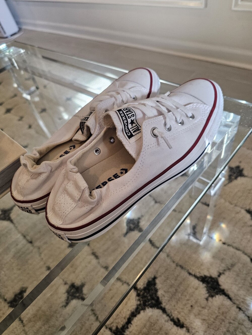 Converse Low Top Canvas Sneakers in White with Red and Black Accents - Slip On - Picture 6 of 9